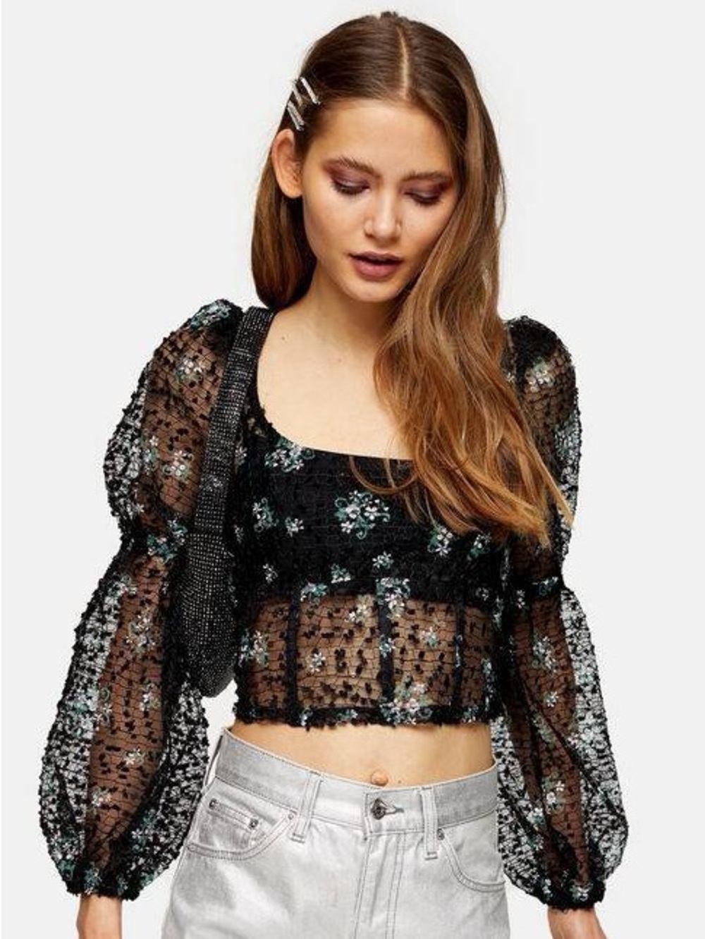 Topshop Black Sheer Floral Sequin Puff-Sleeve Crop Top
